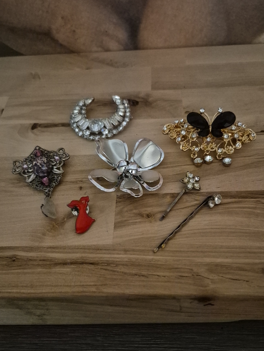 Warner's Mixed Metal & Crystal Brooch Collection with Red Accent